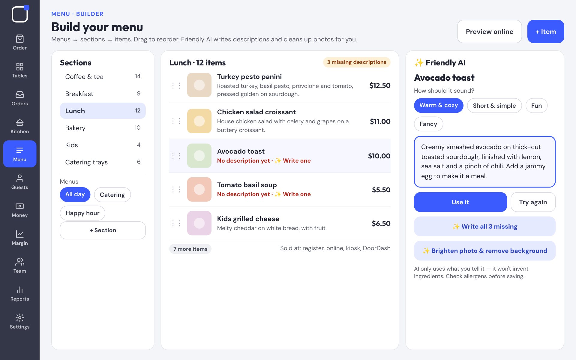 Menu builder with imported items, prices and options