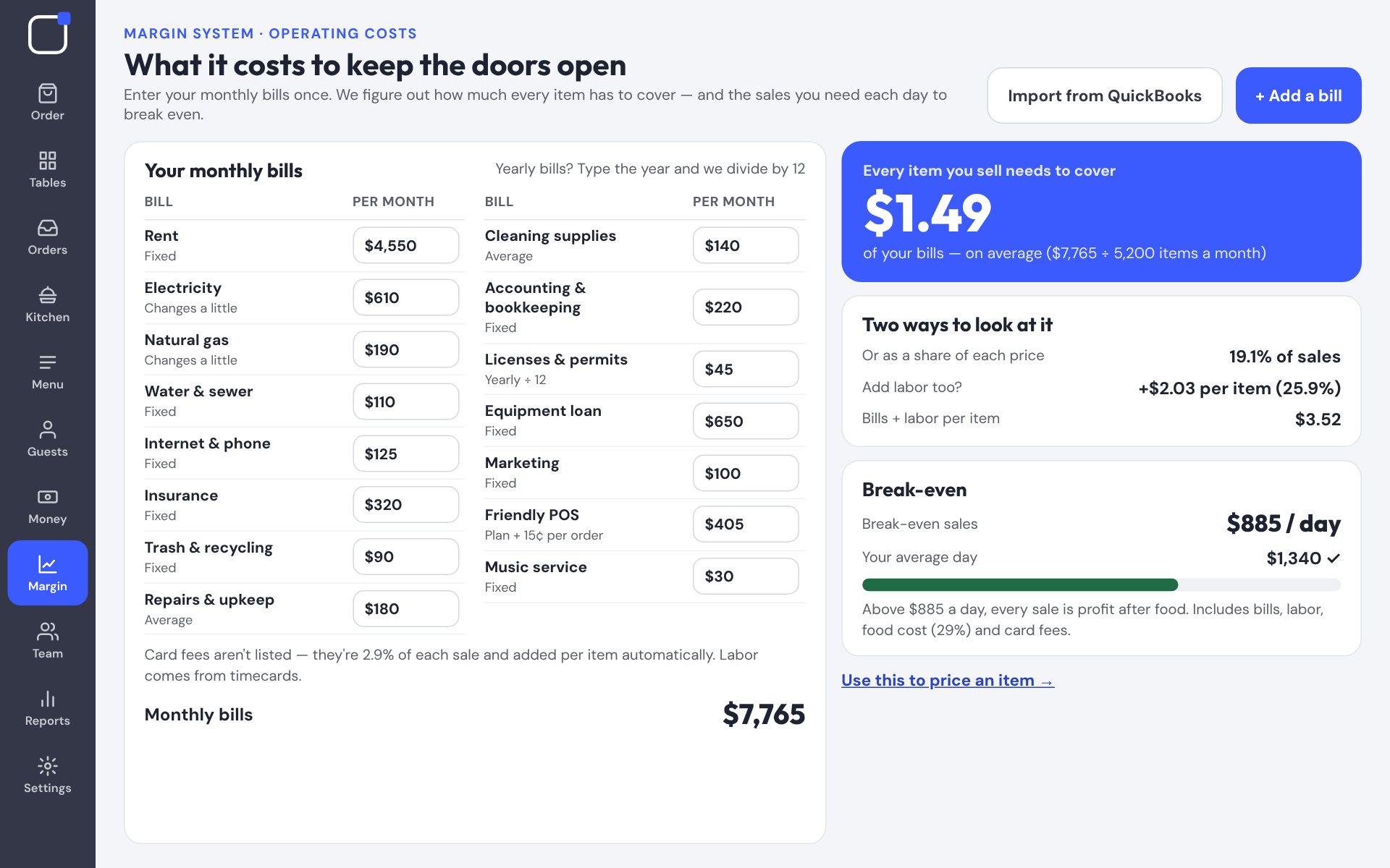 Operating costs screen with monthly bills and daily break-even sales