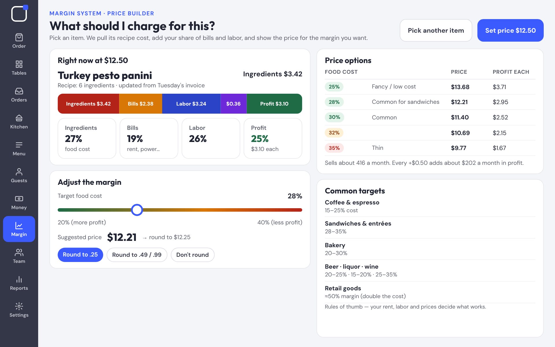 Price builder screen with a margin slider and suggested price
