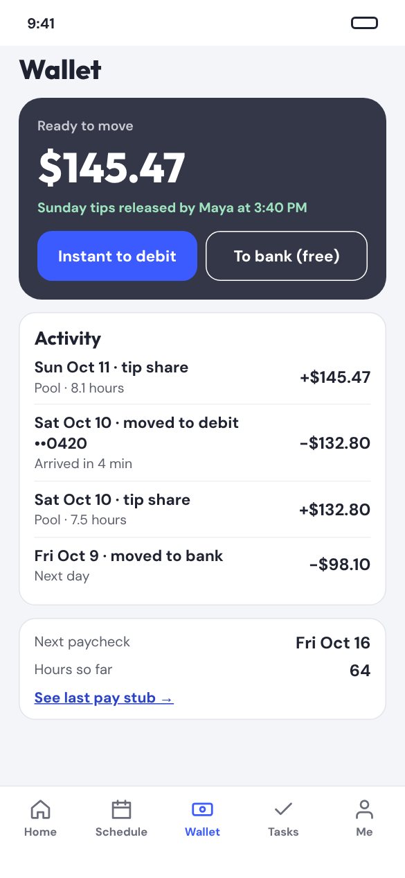 Team app wallet moving tips to a debit card
