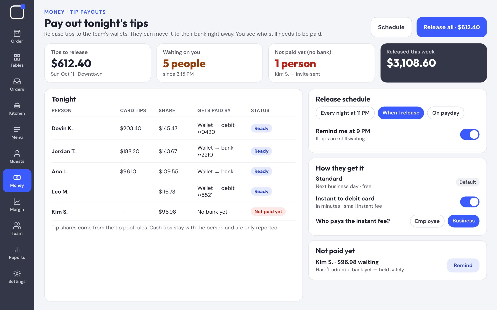 Tip payouts screen showing tonight's tip pool split by hours